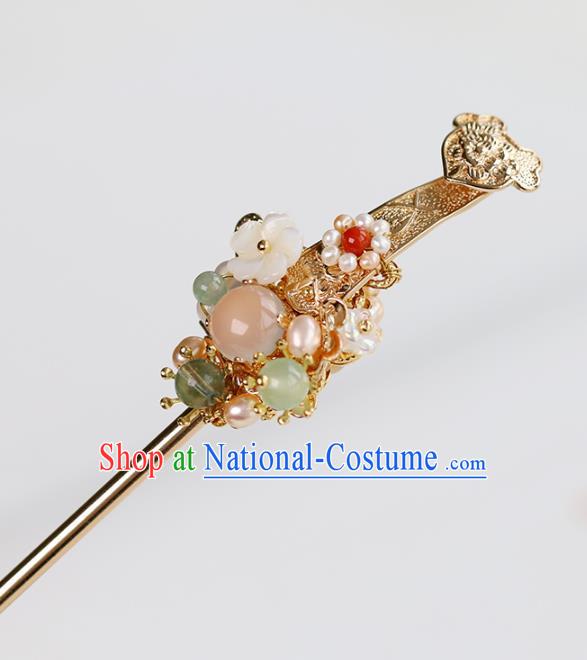 Chinese Classical Palace Golden Hair Stick Handmade Hanfu Hair Accessories Ancient Ming Dynasty Princess Chalcedony Hairpins