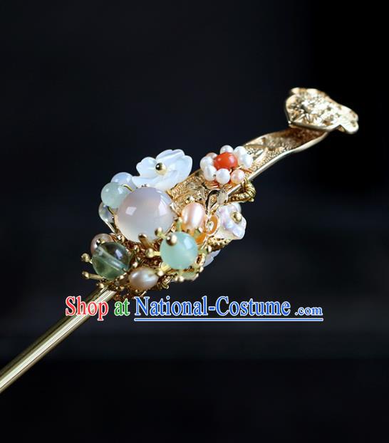 Chinese Classical Palace Golden Hair Stick Handmade Hanfu Hair Accessories Ancient Ming Dynasty Princess Chalcedony Hairpins