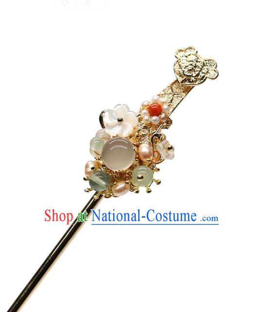 Chinese Classical Palace Golden Hair Stick Handmade Hanfu Hair Accessories Ancient Ming Dynasty Princess Chalcedony Hairpins