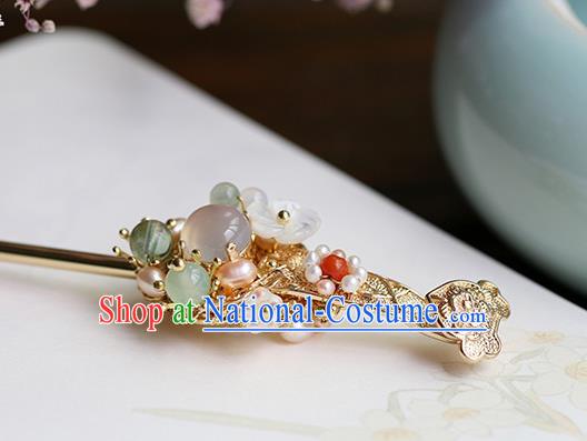 Chinese Classical Palace Golden Hair Stick Handmade Hanfu Hair Accessories Ancient Ming Dynasty Princess Chalcedony Hairpins