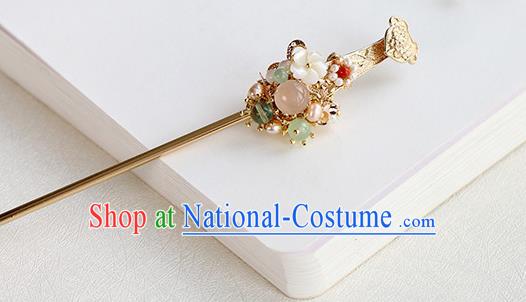 Chinese Classical Palace Golden Hair Stick Handmade Hanfu Hair Accessories Ancient Ming Dynasty Princess Chalcedony Hairpins