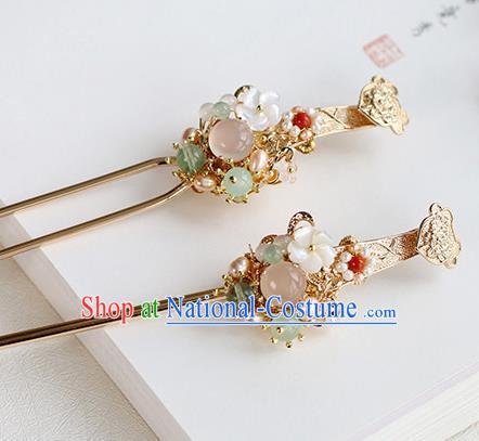 Chinese Classical Palace Golden Hair Stick Handmade Hanfu Hair Accessories Ancient Ming Dynasty Princess Chalcedony Hairpins