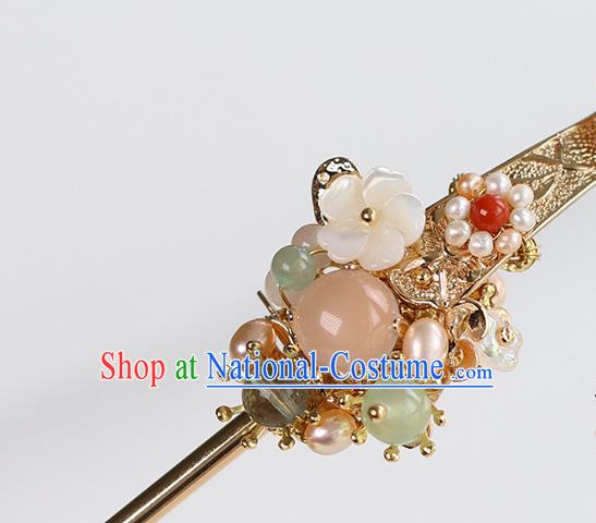 Chinese Classical Palace Golden Hair Stick Handmade Hanfu Hair Accessories Ancient Ming Dynasty Princess Chalcedony Hairpins