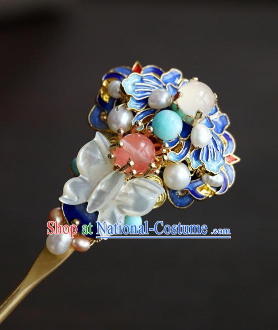 Chinese Classical Palace Gems Blueing Hair Stick Handmade Hanfu Hair Accessories Ancient Ming Dynasty Princess Pearls Shell Butterfly Hairpins