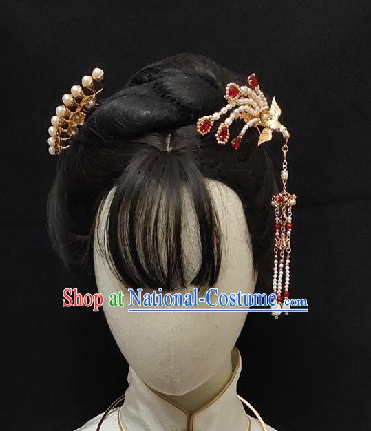 Chinese Classical Pearls Phoenix Hair Stick Handmade Hanfu Hair Accessories Ancient Ming Dynasty Princess Hairpins