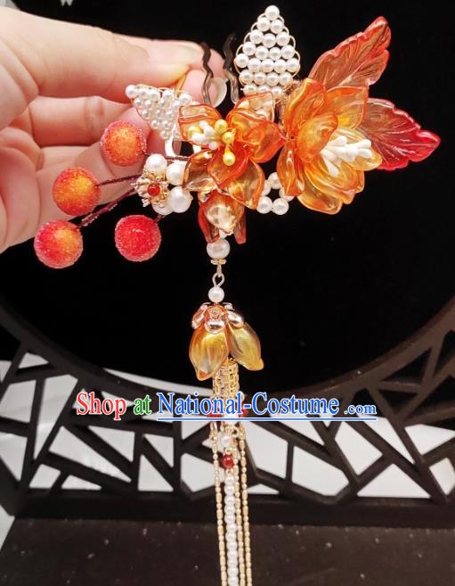 Chinese Classical Orange Flowers Hair Comb Handmade Hanfu Hair Accessories Ancient Song Dynasty Princess Tassel Hairpins