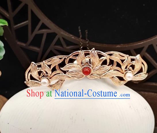 Chinese Classical Gems Hair Crown Handmade Hanfu Hair Accessories Ancient Tang Dynasty Princess Golden Lotus Hairpins