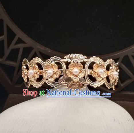 Chinese Classical Pearls Hair Crown Handmade Hanfu Hair Accessories Ancient Tang Dynasty Princess Golden Plum Hairpins