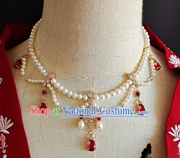 Chinese Handmade Ming Dynasty Red Crystal Necklet Classical Jewelry Accessories Ancient Princess Hanfu Pearls Necklace for Women