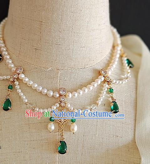 Chinese Handmade Ming Dynasty Green Crystal Necklet Classical Jewelry Accessories Ancient Princess Hanfu Pearls Necklace for Women