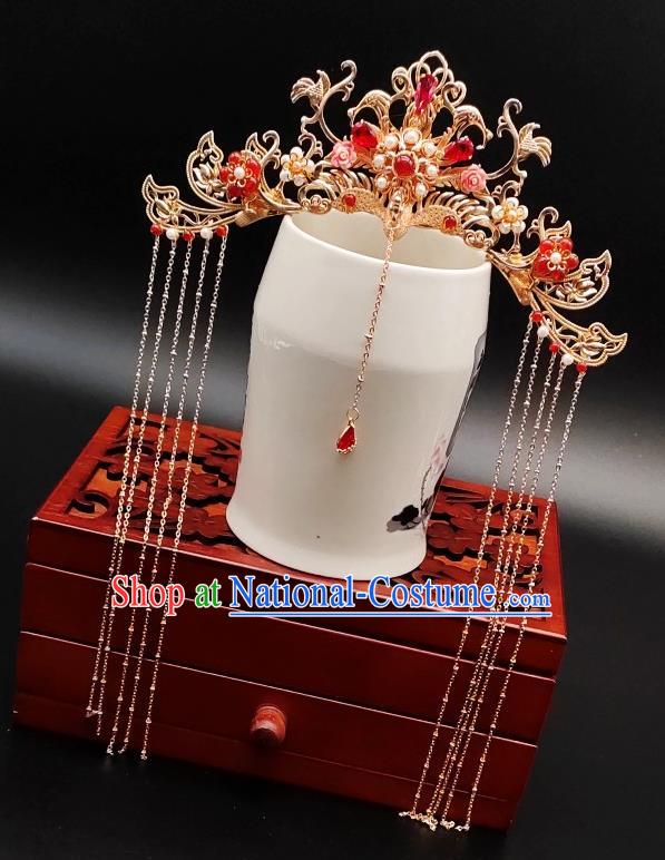 Chinese Classical Agate Phoenix Coronet Handmade Hanfu Hair Accessories Ancient Tang Dynasty Princess Hairpins Golden Hair Crown