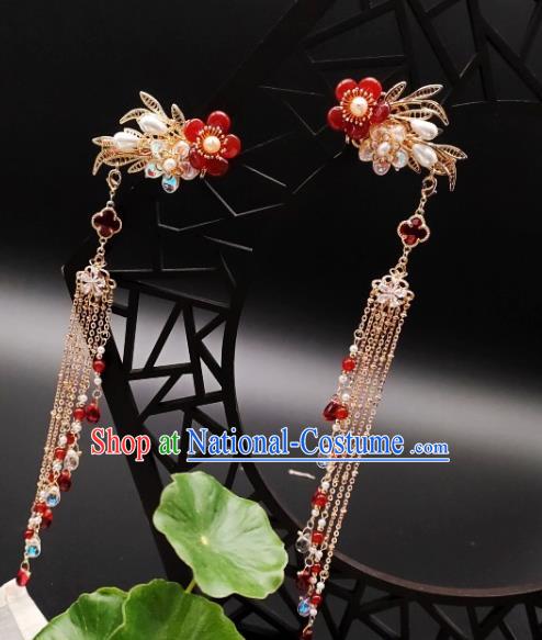 Chinese Classical Red Plum Hair Sticks Handmade Hanfu Hair Accessories Ancient Tang Dynasty Princess Hairpins Golden Tassel Hair Claw