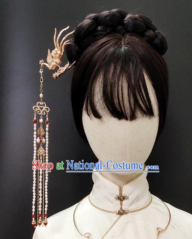 Chinese Classical Pearls Tassel Hair Sticks Handmade Hanfu Hair Accessories Ancient Tang Dynasty Princess Hairpins Golden Phoenix Hair Clip