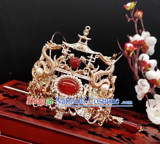 Chinese Classical Agate Hair Stick Handmade Hanfu Hair Accessories Ancient Tang Dynasty Princess Hairpins Golden Dragon Hair Crown