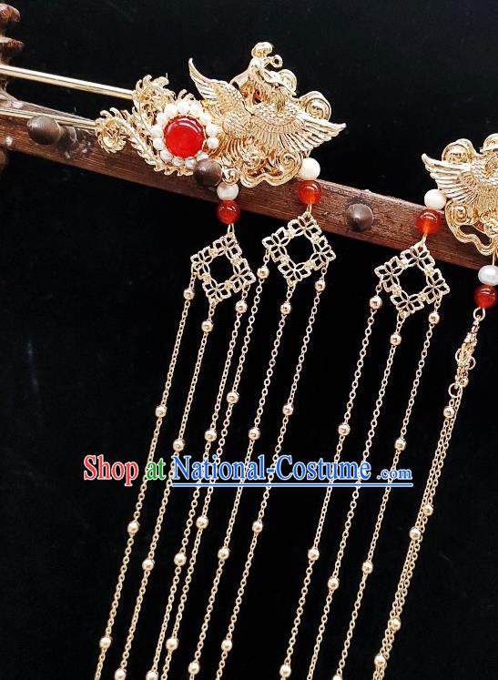 Chinese Classical Golden Tassel Hair Stick Handmade Hanfu Hair Accessories Ancient Tang Dynasty Princess Phoenix Hairpins