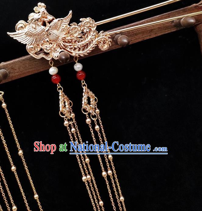 Chinese Classical Golden Tassel Hair Stick Handmade Hanfu Hair Accessories Ancient Tang Dynasty Princess Phoenix Hairpins