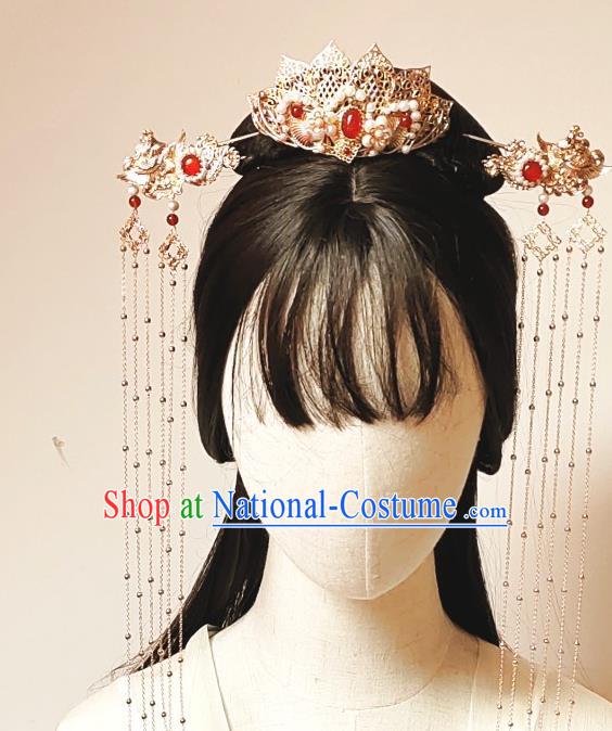 Chinese Classical Golden Tassel Hair Stick Handmade Hanfu Hair Accessories Ancient Tang Dynasty Princess Phoenix Hairpins