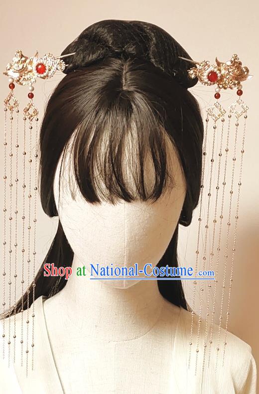 Chinese Classical Golden Tassel Hair Stick Handmade Hanfu Hair Accessories Ancient Tang Dynasty Princess Phoenix Hairpins