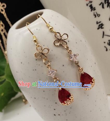 Chinese Handmade Red Crystal Earrings Classical Ear Accessories Hanfu Ming Dynasty Princess Eardrop