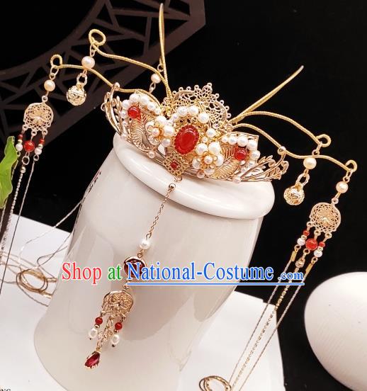 Chinese Classical Pearls Phoenix Coronet Handmade Hanfu Hair Accessories Ancient Tang Dynasty Princess Hairpins Tassel Hair Crown