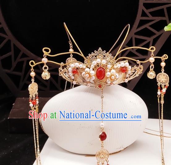 Chinese Classical Pearls Phoenix Coronet Handmade Hanfu Hair Accessories Ancient Tang Dynasty Princess Hairpins Tassel Hair Crown