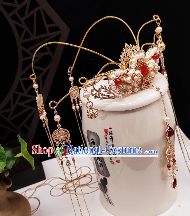 Chinese Classical Pearls Phoenix Coronet Handmade Hanfu Hair Accessories Ancient Tang Dynasty Princess Hairpins Tassel Hair Crown