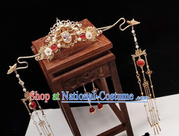 Chinese Classical Golden Phoenix Coronet Handmade Hanfu Hair Accessories Ancient Jin Dynasty Princess Hairpins Crystal Hair Crown