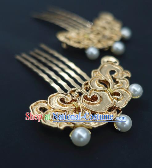 Chinese Classical Golden Cloud Hair Combs Handmade Hanfu Hair Accessories Ancient Tang Dynasty Empress Hairpins