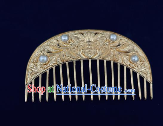 Chinese Classical Golden Hair Comb Handmade Hanfu Hair Accessories Ancient Tang Dynasty Empress Carving Peony Pearls Hairpins