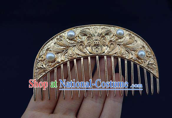 Chinese Classical Golden Hair Comb Handmade Hanfu Hair Accessories Ancient Tang Dynasty Empress Carving Peony Pearls Hairpins