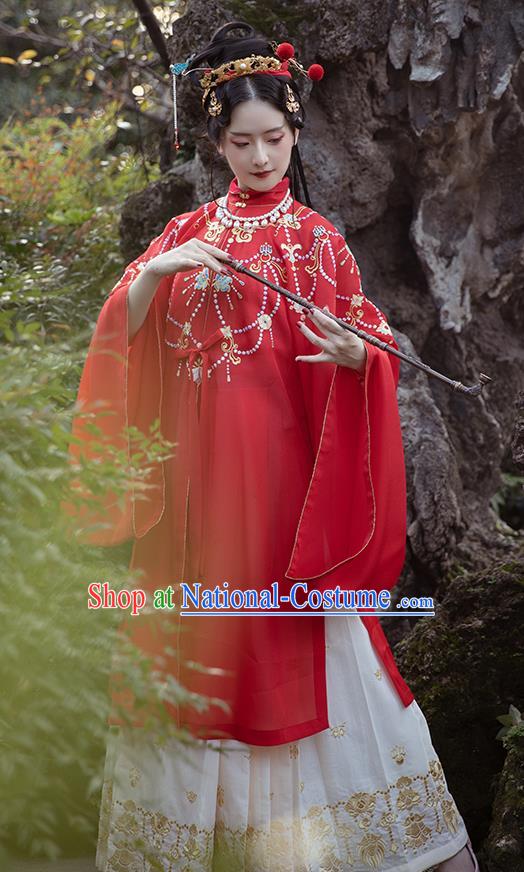 Chinese Ancient Court Lady Hanfu Apparels Traditional Ming Dynasty Palace Princess Historical Costumes Embroidered Red Gown and Skirt Full Set