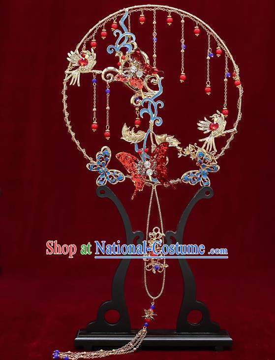 Chinese Handmade Wedding Blueing Butterfly Palace Fans Classical Fans Ancient Bride Red Round Fans