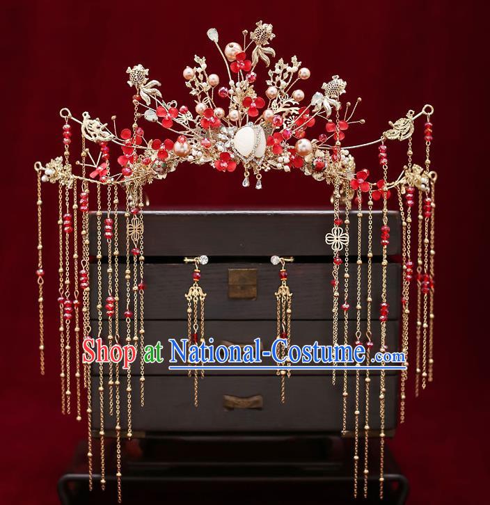 Chinese Classical Wedding Red Beads Hair Crown Handmade Hair Accessories Ancient Bride Hairpins Tassel Phoenix Coronet Complete Set