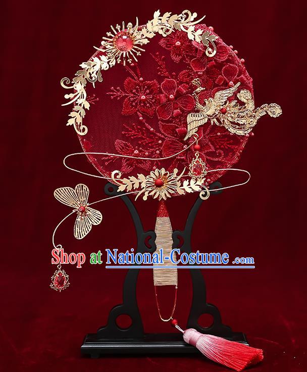 Chinese Handmade Wedding Red Lace Flowers Palace Fans Classical Fans Ancient Bride Golden Butterfly Round Fans