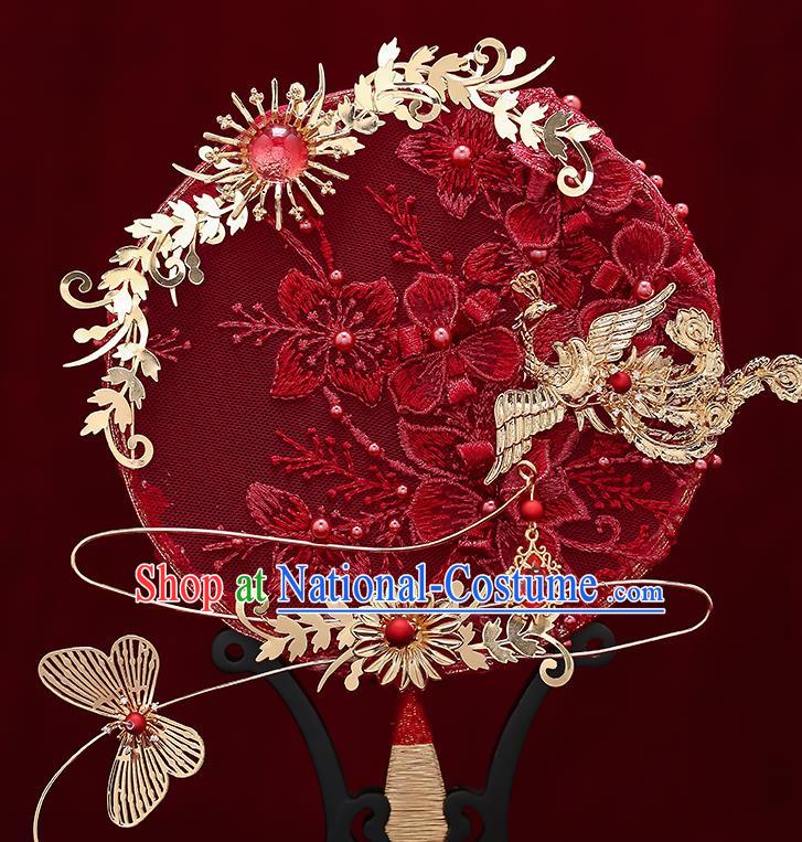 Chinese Handmade Wedding Red Lace Flowers Palace Fans Classical Fans Ancient Bride Golden Butterfly Round Fans