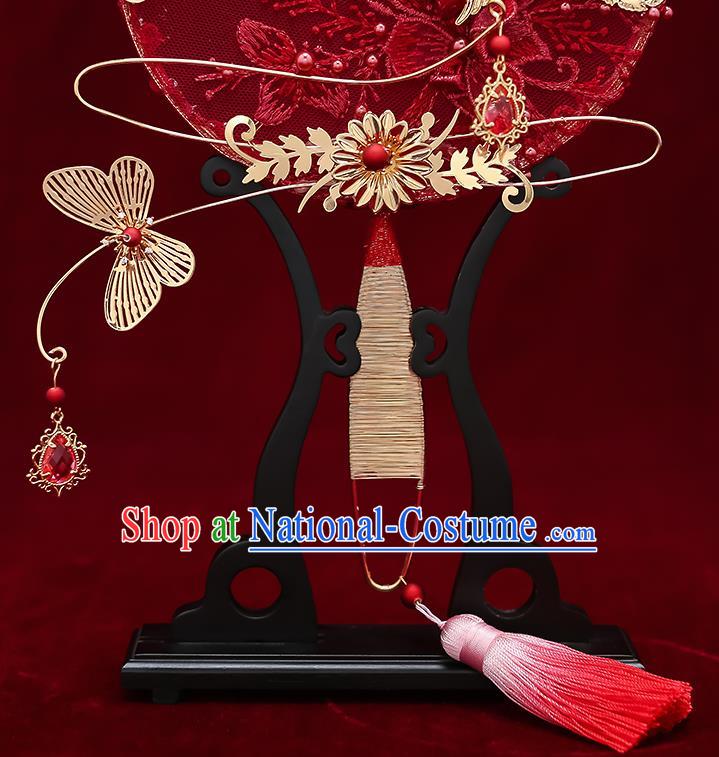 Chinese Handmade Wedding Red Lace Flowers Palace Fans Classical Fans Ancient Bride Golden Butterfly Round Fans