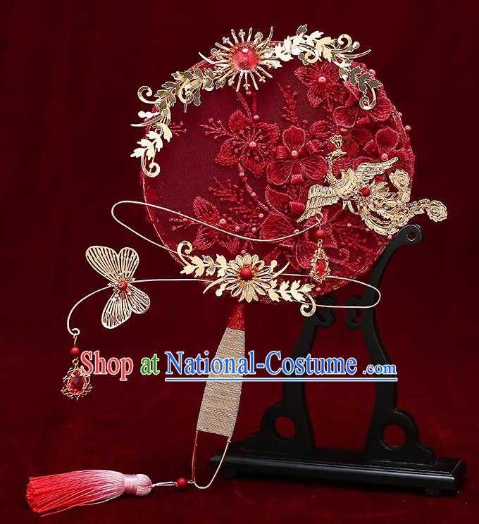 Chinese Handmade Wedding Red Lace Flowers Palace Fans Classical Fans Ancient Bride Golden Butterfly Round Fans