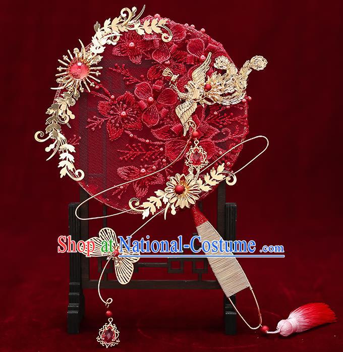 Chinese Handmade Wedding Red Lace Flowers Palace Fans Classical Fans Ancient Bride Golden Butterfly Round Fans