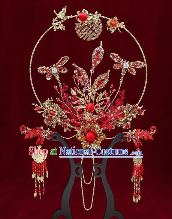 Chinese Handmade Wedding Red Crystal Dragonfly Palace Fans Classical Fans Ancient Bride Golden Round Fans