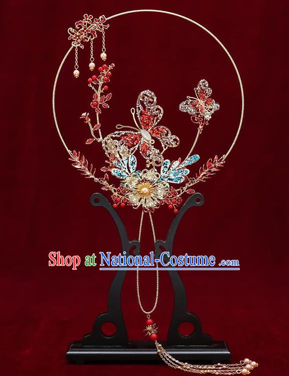 Chinese Handmade Wedding Palace Fans Classical Fans Ancient Bride Red Crystal Butterfly Round Fans