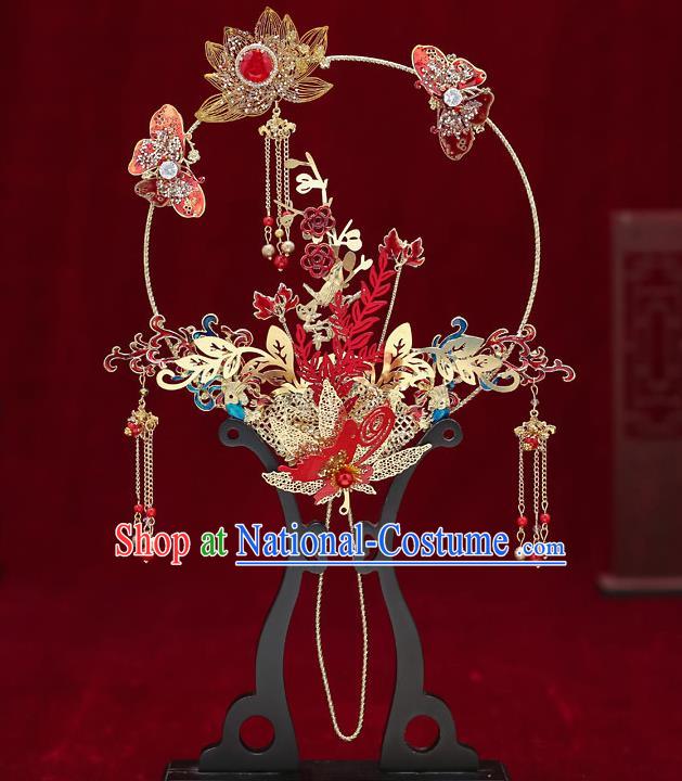 Chinese Handmade Wedding Red Butterfly Lotus Palace Fans Classical Fans Ancient Bride Tassel Round Fans