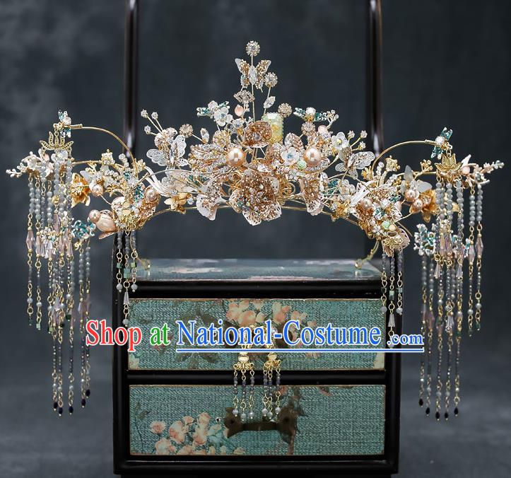 Chinese Classical Wedding Golden Hair Crown Handmade Hair Accessories Ancient Bride Hairpins Crystal Butterfly Phoenix Coronet Complete Set