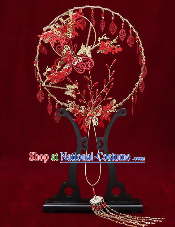 Chinese Handmade Wedding Red Leaf Palace Fans Classical Fans Ancient Bride Butterfly Round Fans