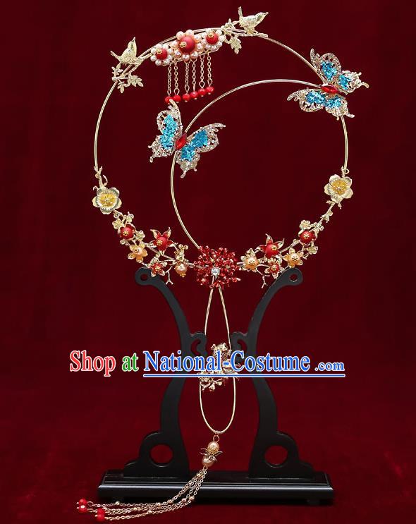 Chinese Handmade Wedding Palace Fans Classical Fans Ancient Bride Blue Crystal Butterfly Round Fans