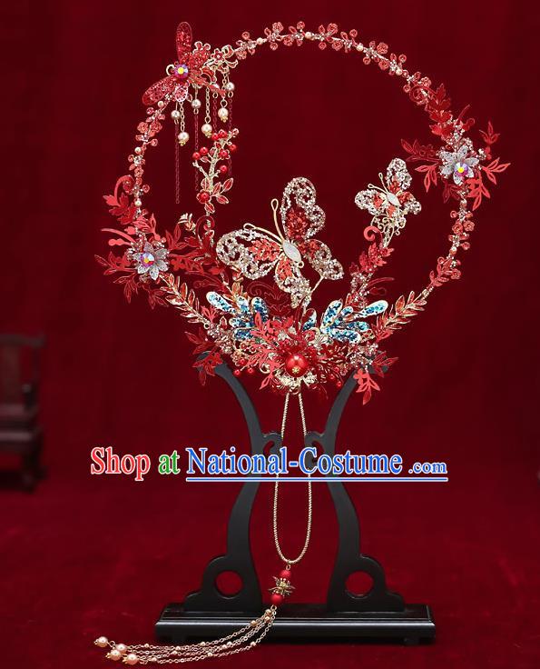 Chinese Handmade Wedding Red Dragonfly Butterfly Palace Fans Classical Fans Ancient Bride Round Fans