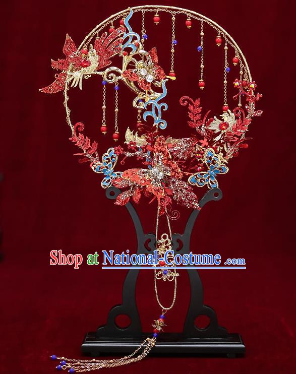 Chinese Handmade Wedding Crystal Red Palace Fans Classical Fans Ancient Bride Blueing Butterfly Round Fans