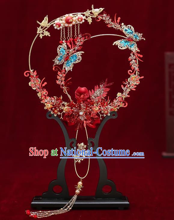 Chinese Handmade Wedding Blue Crystal Butterfly Palace Fans Classical Fans Ancient Bride Blueing Pearls Round Fans