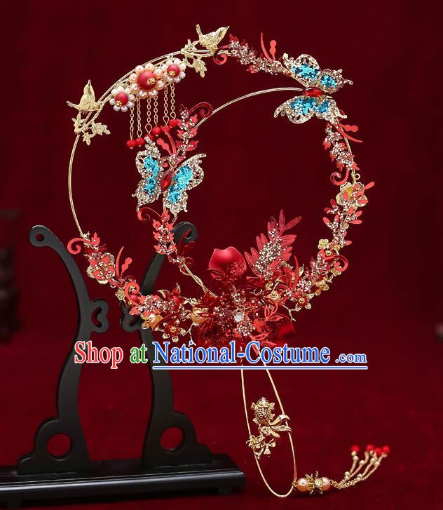 Chinese Handmade Wedding Blue Crystal Butterfly Palace Fans Classical Fans Ancient Bride Blueing Pearls Round Fans