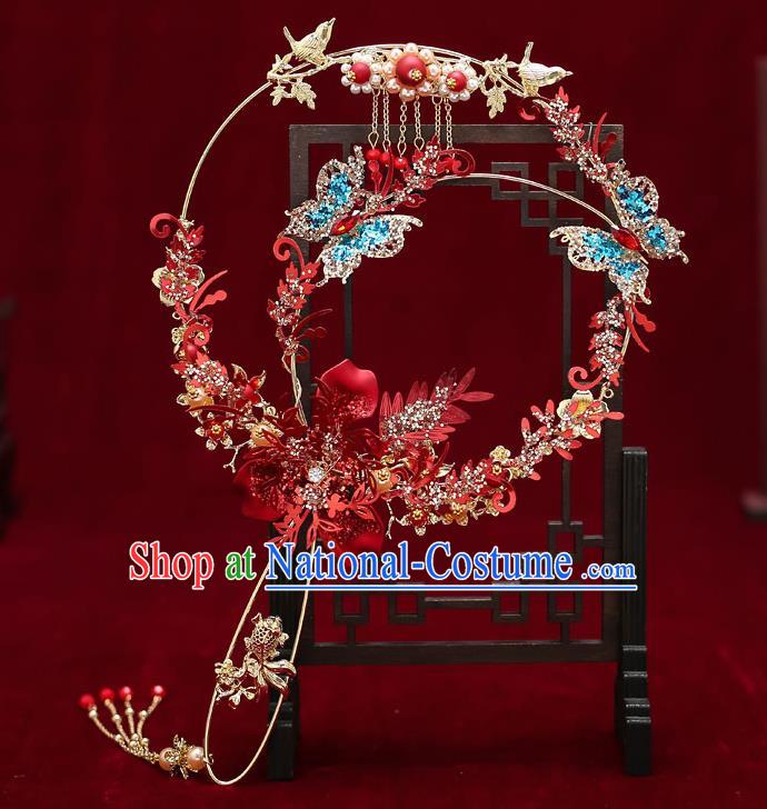 Chinese Handmade Wedding Blue Crystal Butterfly Palace Fans Classical Fans Ancient Bride Blueing Pearls Round Fans