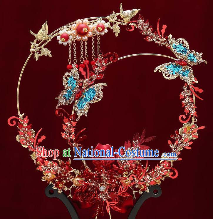 Chinese Handmade Wedding Blue Crystal Butterfly Palace Fans Classical Fans Ancient Bride Blueing Pearls Round Fans